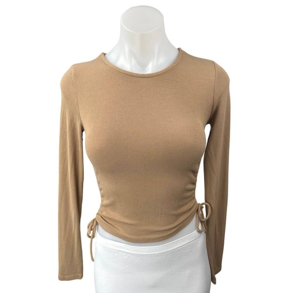 Princess Polly Noorie Brown Ruched Ties Long Sleeve Rib Knit Crop Sweater Top 4